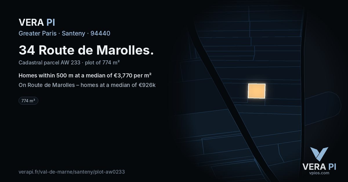 34 Route de Marolles, Santeny at night – the plot lit, the parcels around coloured by the prices near them