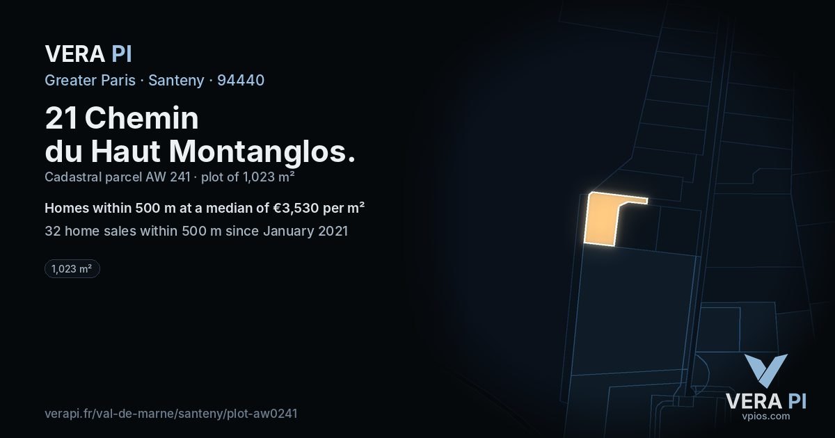 21 Chemin du Haut Montanglos, Santeny at night – the plot lit, the parcels around coloured by the prices near them