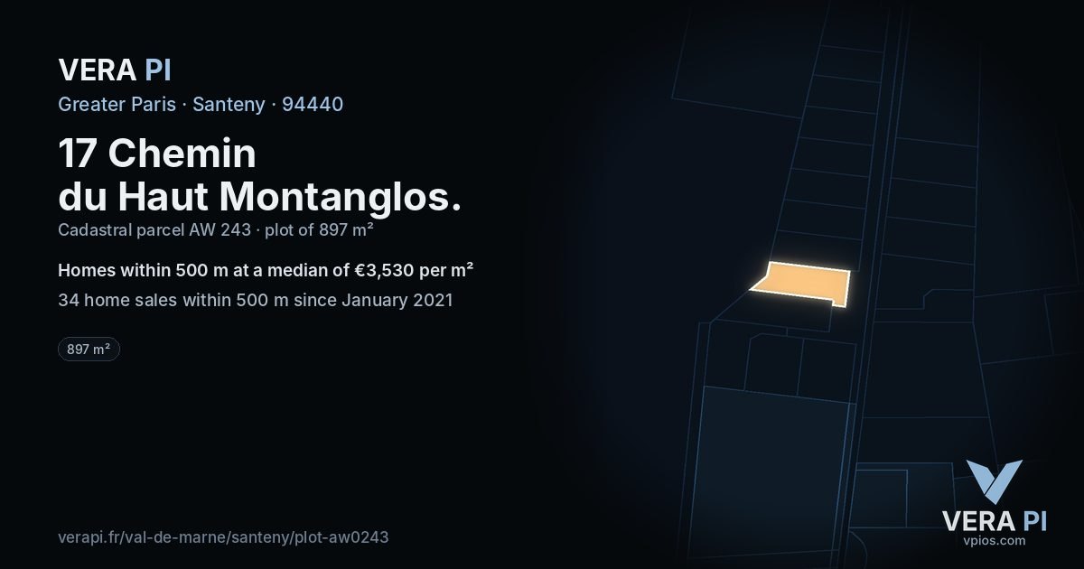 17 Chemin du Haut Montanglos, Santeny at night – the plot lit, the parcels around coloured by the prices near them