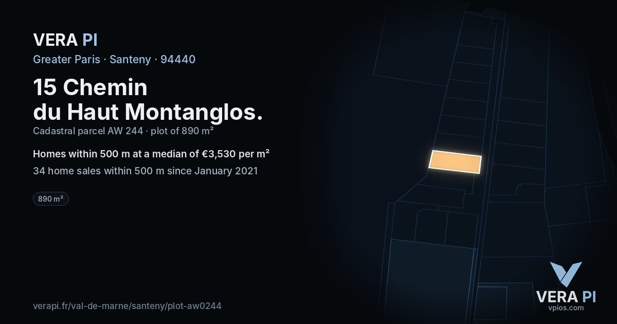 15 Chemin du Haut Montanglos, Santeny at night – the plot lit, the parcels around coloured by the prices near them