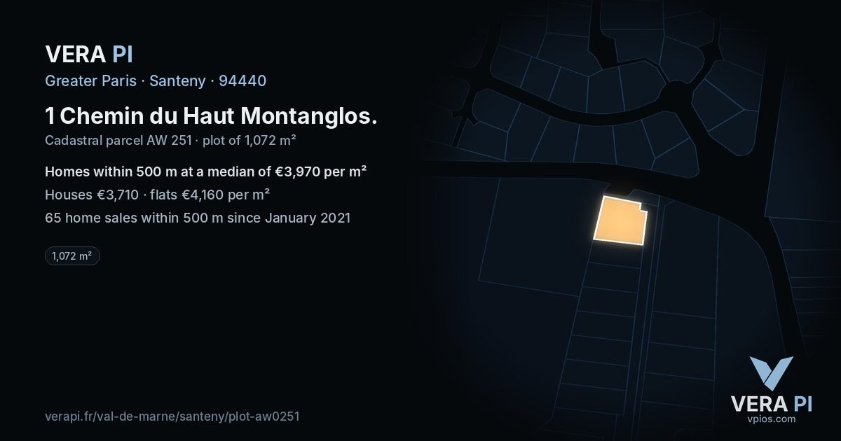1 Chemin du Haut Montanglos, Santeny at night – the plot lit, the parcels around coloured by the prices near them