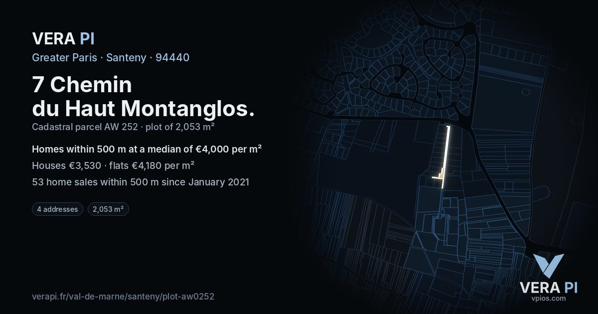 7 Chemin du Haut Montanglos, Santeny at night – the plot lit, the parcels around coloured by the prices near them
