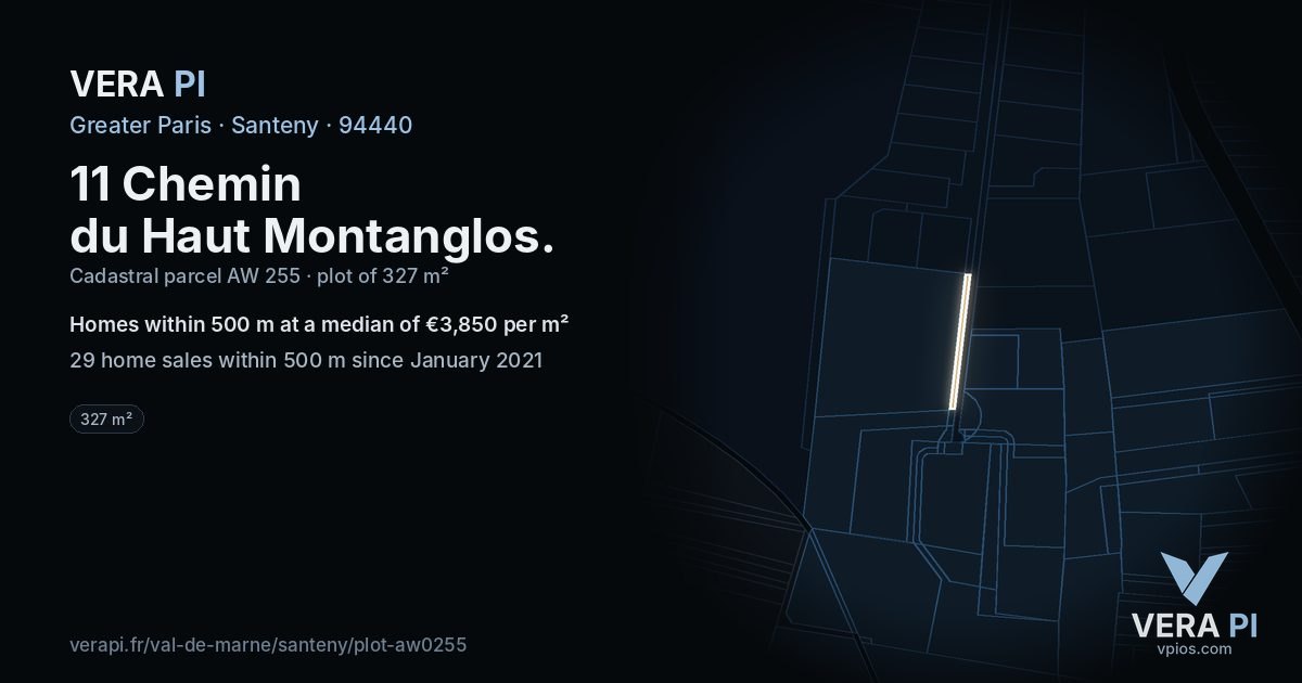 11 Chemin du Haut Montanglos, Santeny at night – the plot lit, the parcels around coloured by the prices near them