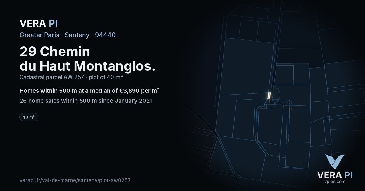 29 Chemin du Haut Montanglos, Santeny at night – the plot lit, the parcels around coloured by the prices near them