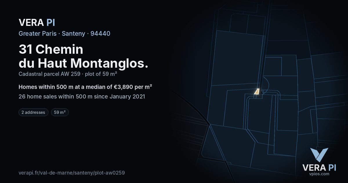 31 Chemin du Haut Montanglos, Santeny at night – the plot lit, the parcels around coloured by the prices near them