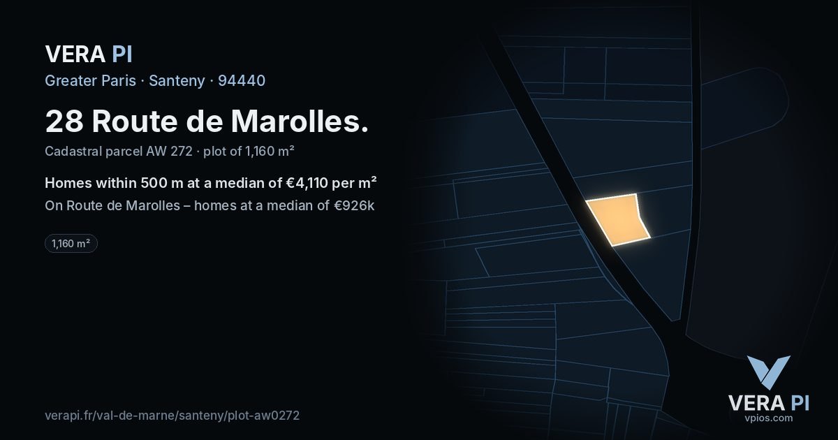 28 Route de Marolles, Santeny at night – the plot lit, the parcels around coloured by the prices near them