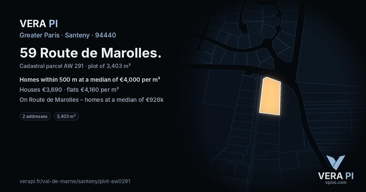 59 Route de Marolles, Santeny at night – the plot lit, the parcels around coloured by the prices near them