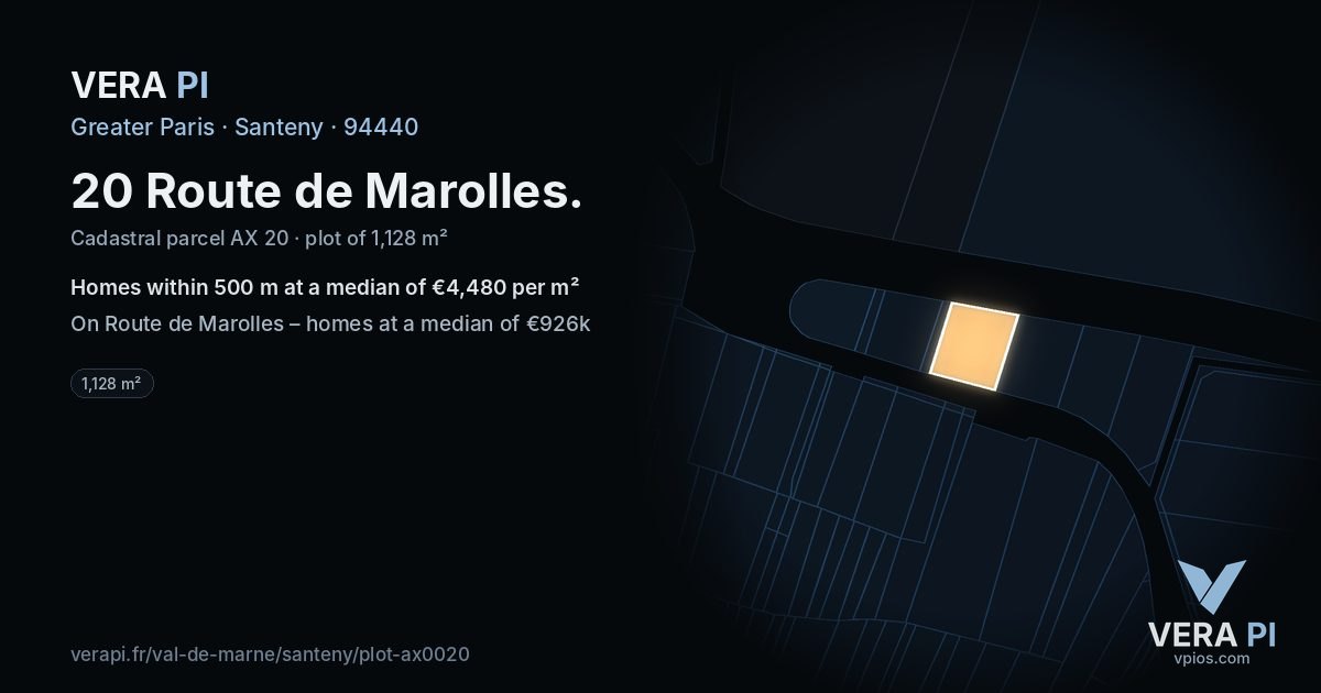 20 Route de Marolles, Santeny at night – the plot lit, the parcels around coloured by the prices near them