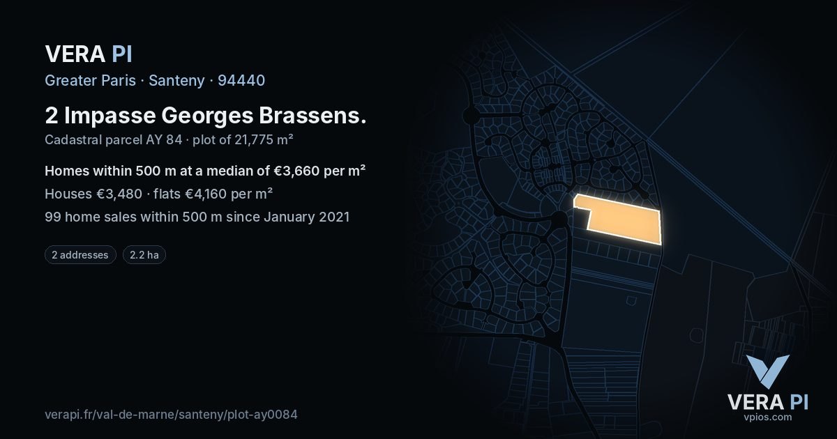 2 Impasse Georges Brassens, Santeny at night – the plot lit, the parcels around coloured by the prices near them