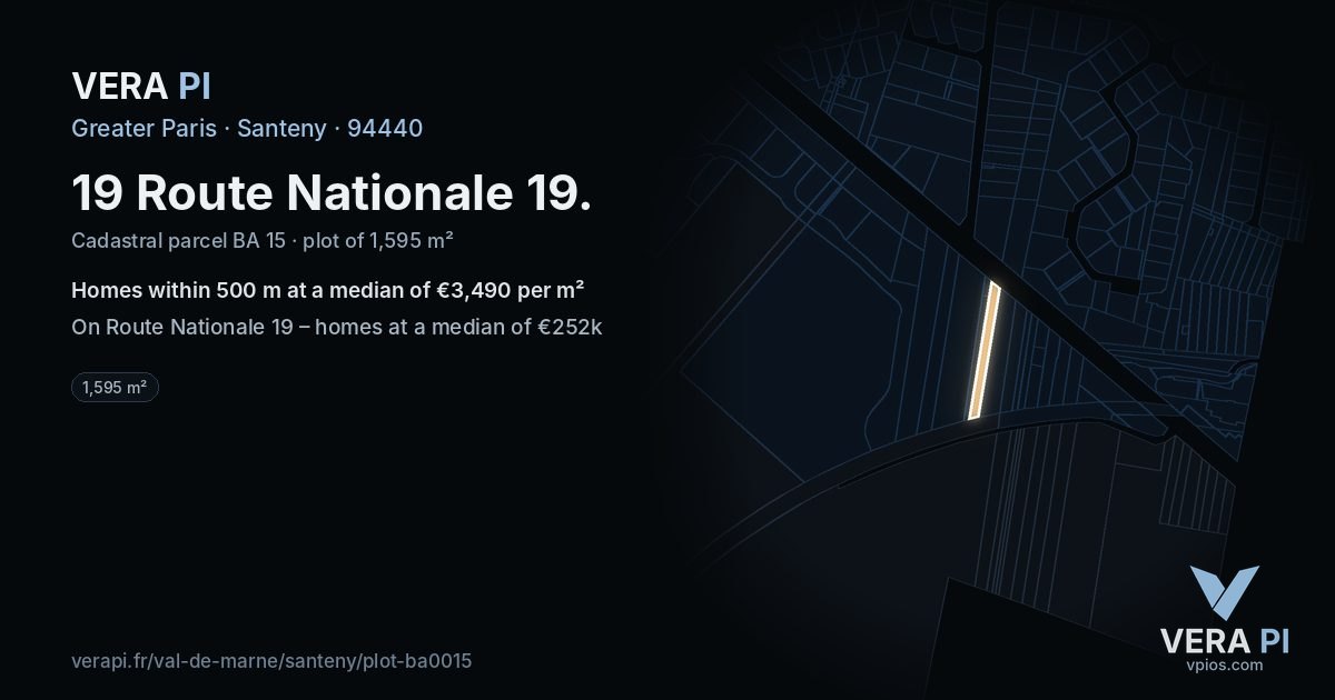 19 Route Nationale 19, Santeny at night – the plot lit, the parcels around coloured by the prices near them