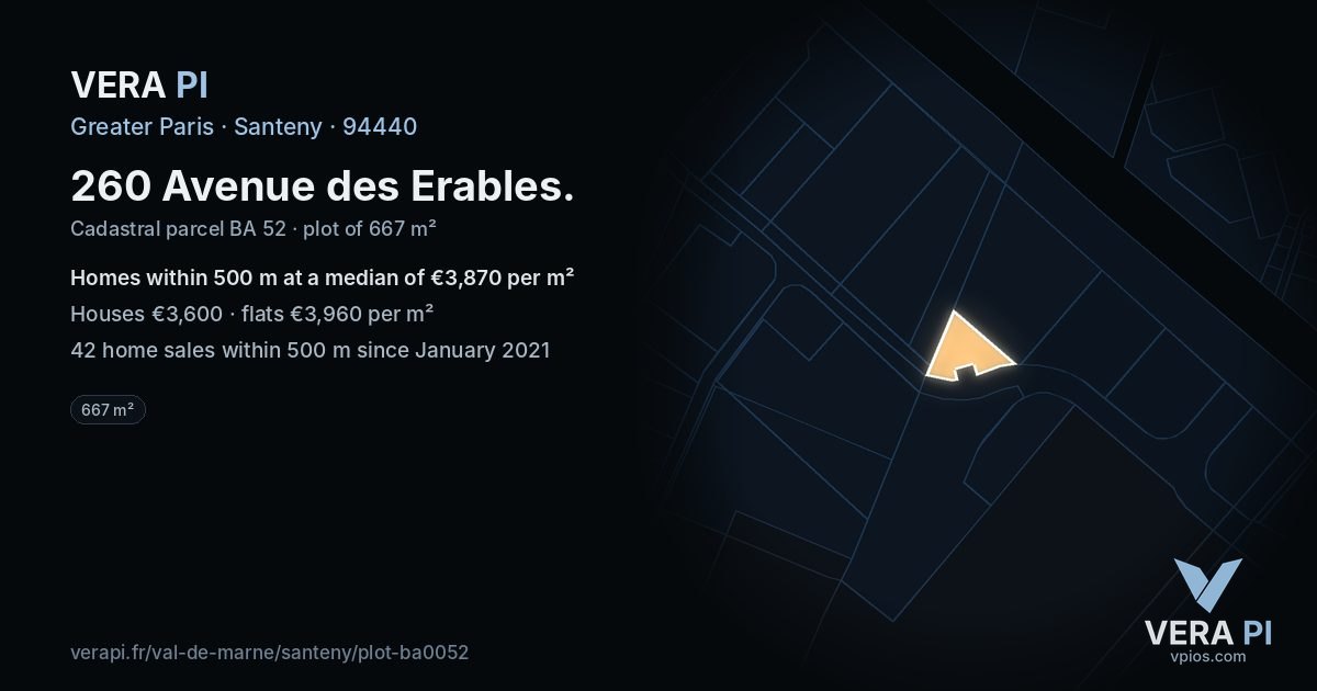 260 Avenue des Erables, Santeny at night – the plot lit, the parcels around coloured by the prices near them
