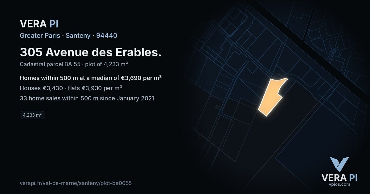 305 Avenue des Erables, Santeny at night – the plot lit, the parcels around coloured by the prices near them