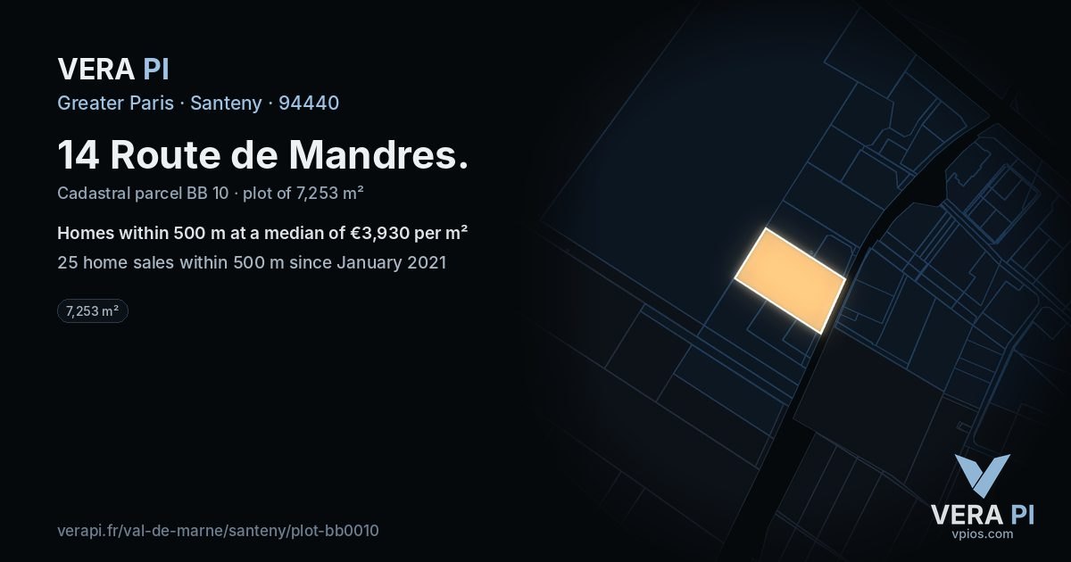 14 Route de Mandres, Santeny at night – the plot lit, the parcels around coloured by the prices near them