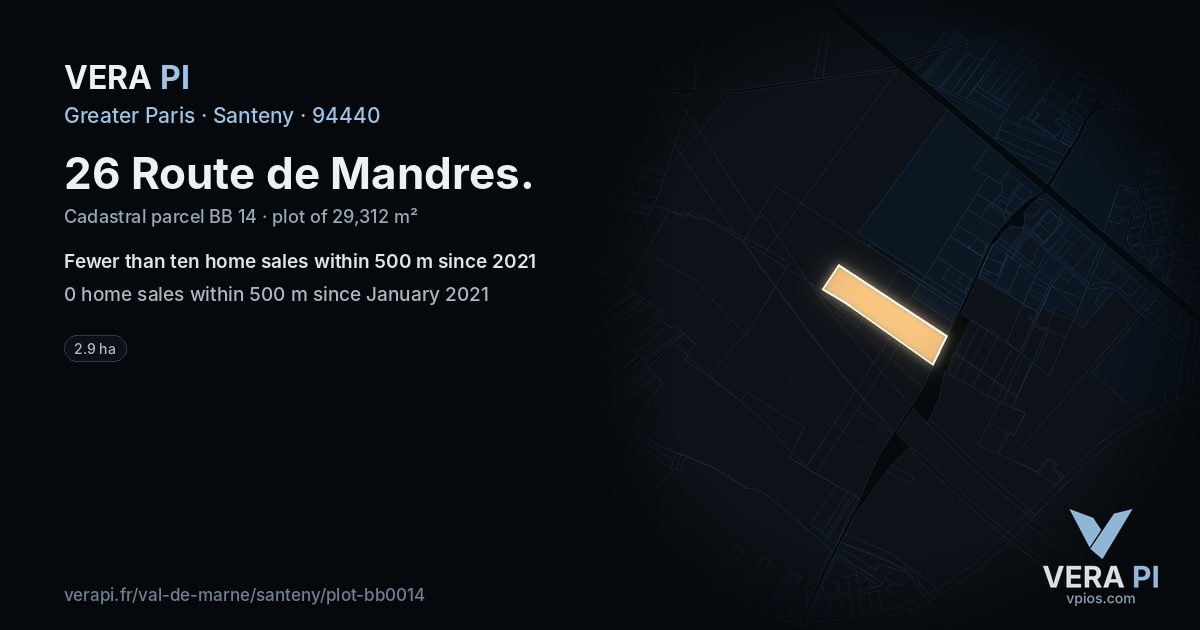 26 Route de Mandres, Santeny at night – the plot lit, the parcels around coloured by the prices near them