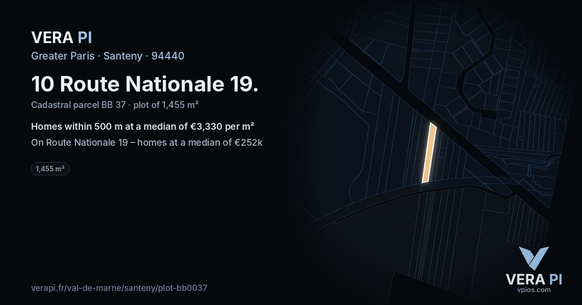 10 Route Nationale 19, Santeny at night – the plot lit, the parcels around coloured by the prices near them