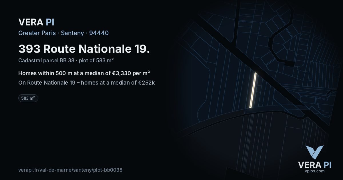 393 Route Nationale 19, Santeny at night – the plot lit, the parcels around coloured by the prices near them