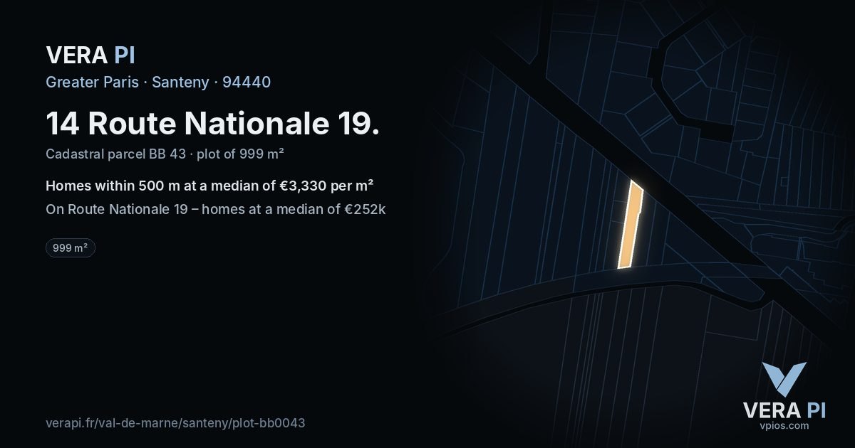 14 Route Nationale 19, Santeny at night – the plot lit, the parcels around coloured by the prices near them
