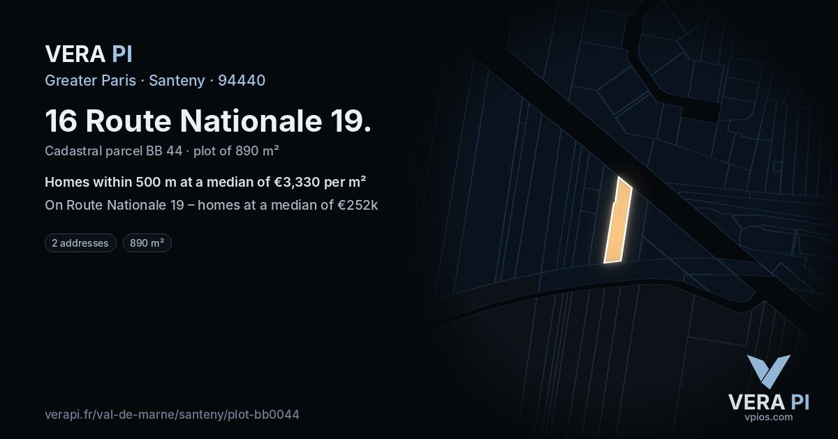 16 Route Nationale 19, Santeny at night – the plot lit, the parcels around coloured by the prices near them