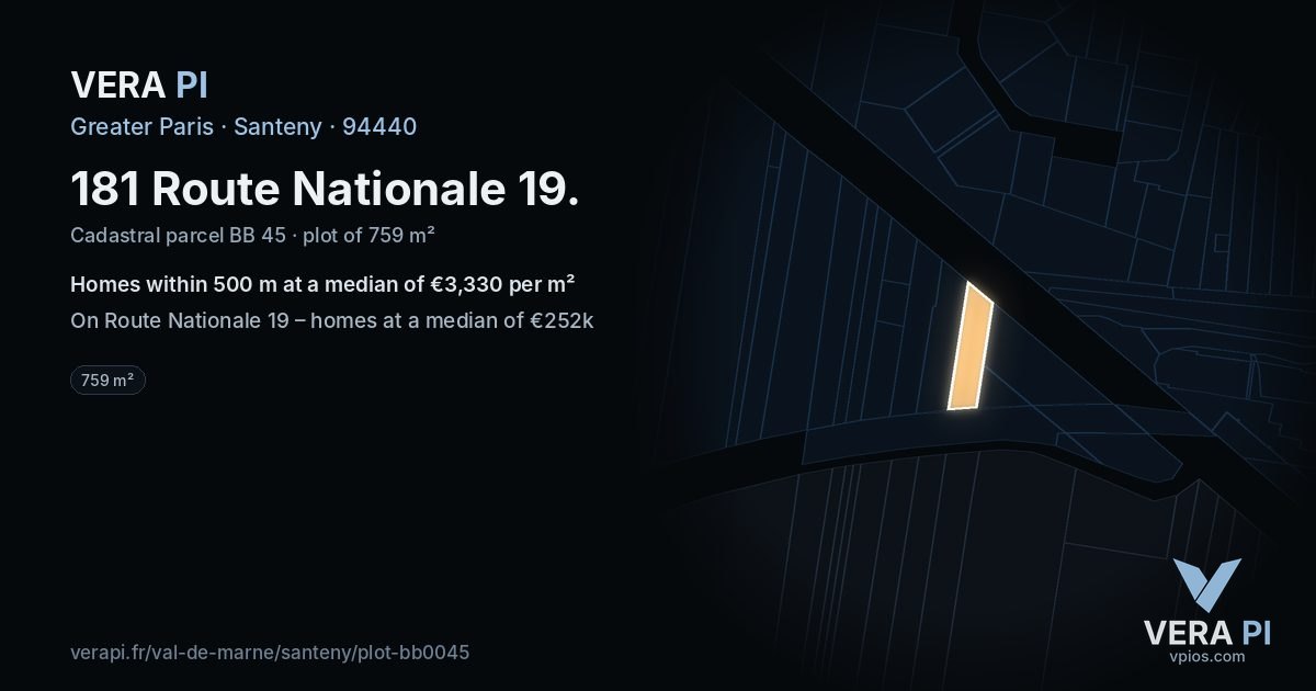 181 Route Nationale 19, Santeny at night – the plot lit, the parcels around coloured by the prices near them