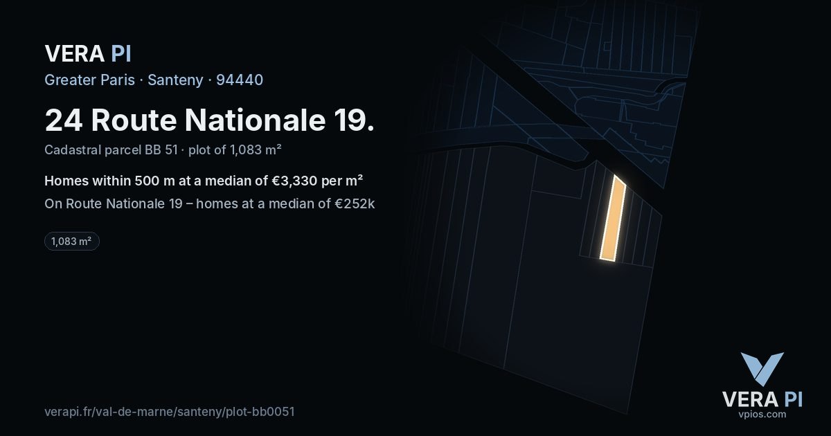 24 Route Nationale 19, Santeny at night – the plot lit, the parcels around coloured by the prices near them