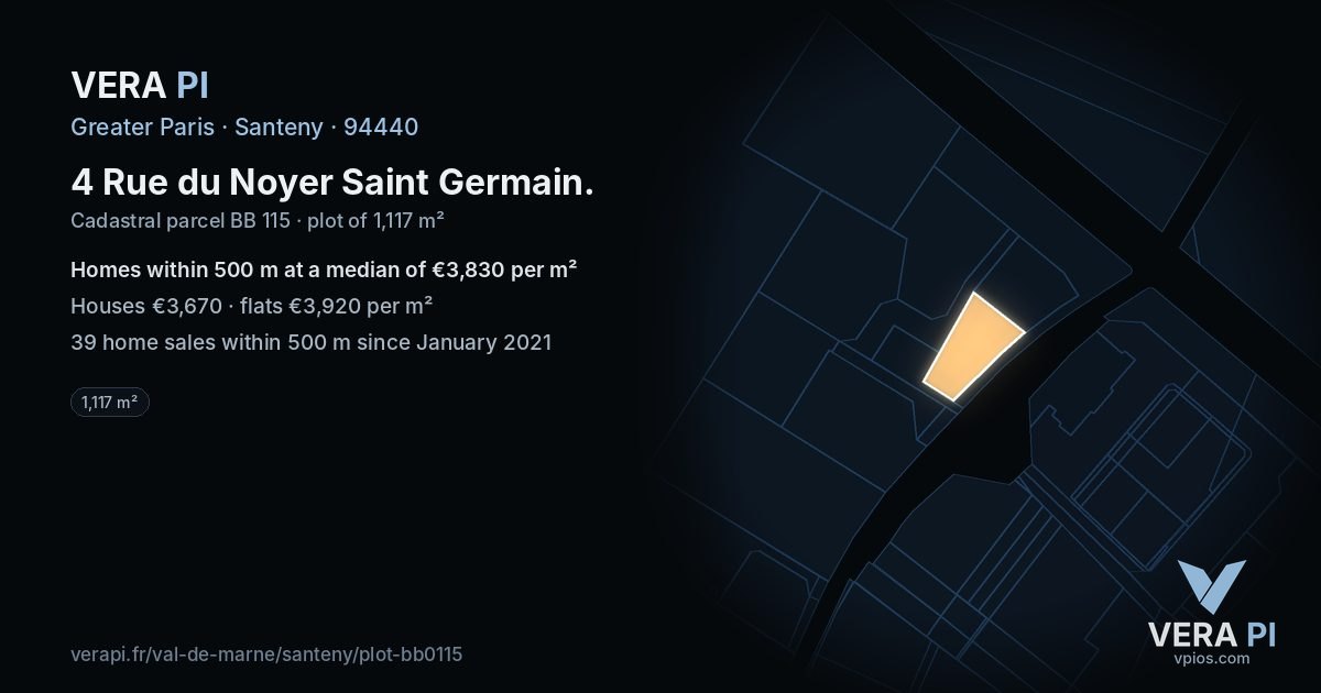 4 Rue du Noyer Saint Germain, Santeny at night – the plot lit, the parcels around coloured by the prices near them