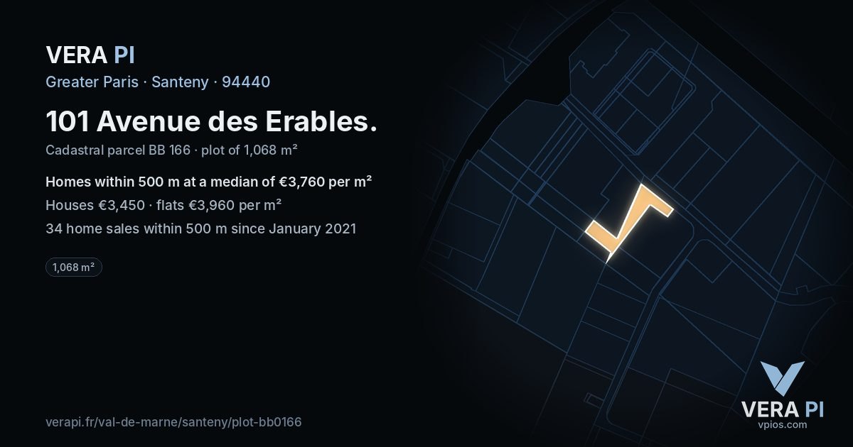 101 Avenue des Erables, Santeny at night – the plot lit, the parcels around coloured by the prices near them