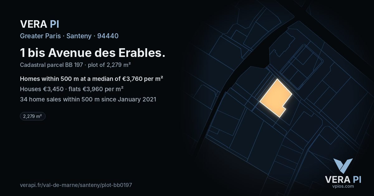 1 bis Avenue des Erables, Santeny at night – the plot lit, the parcels around coloured by the prices near them