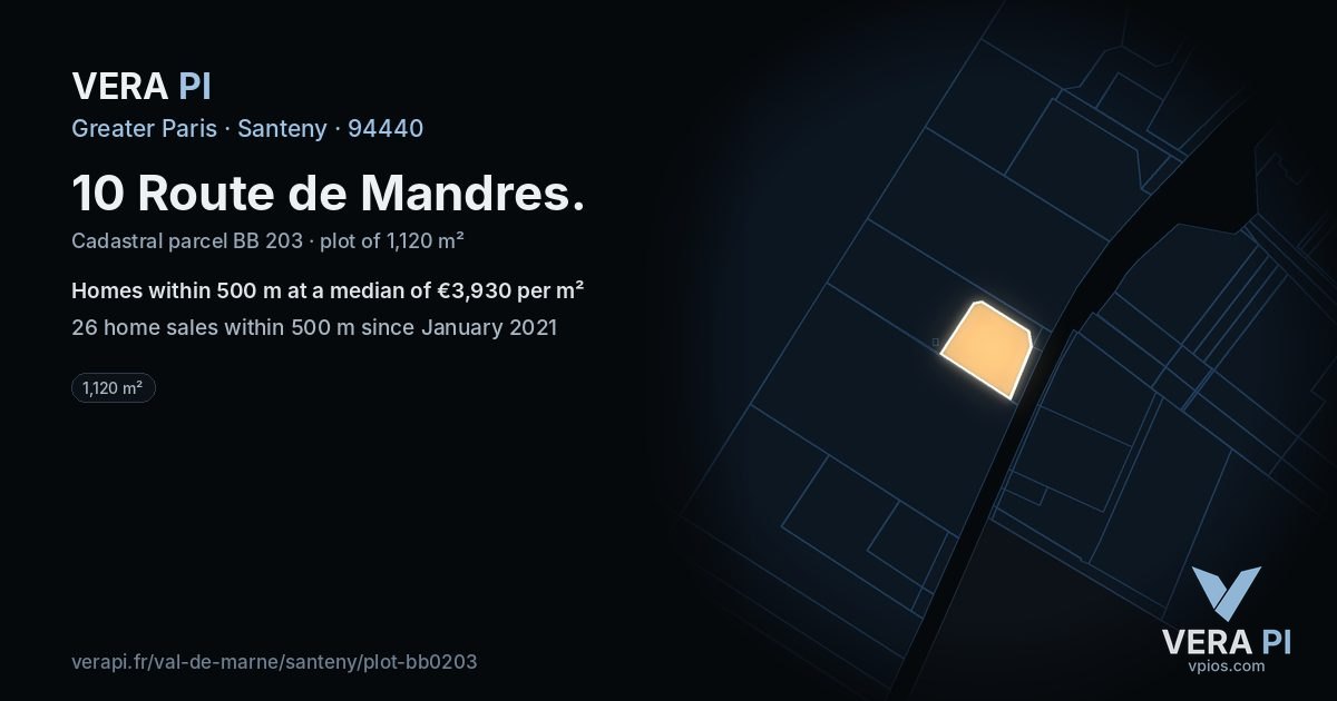 10 Route de Mandres, Santeny at night – the plot lit, the parcels around coloured by the prices near them