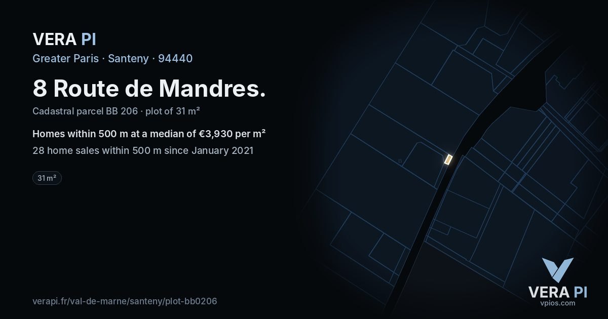 8 Route de Mandres, Santeny at night – the plot lit, the parcels around coloured by the prices near them