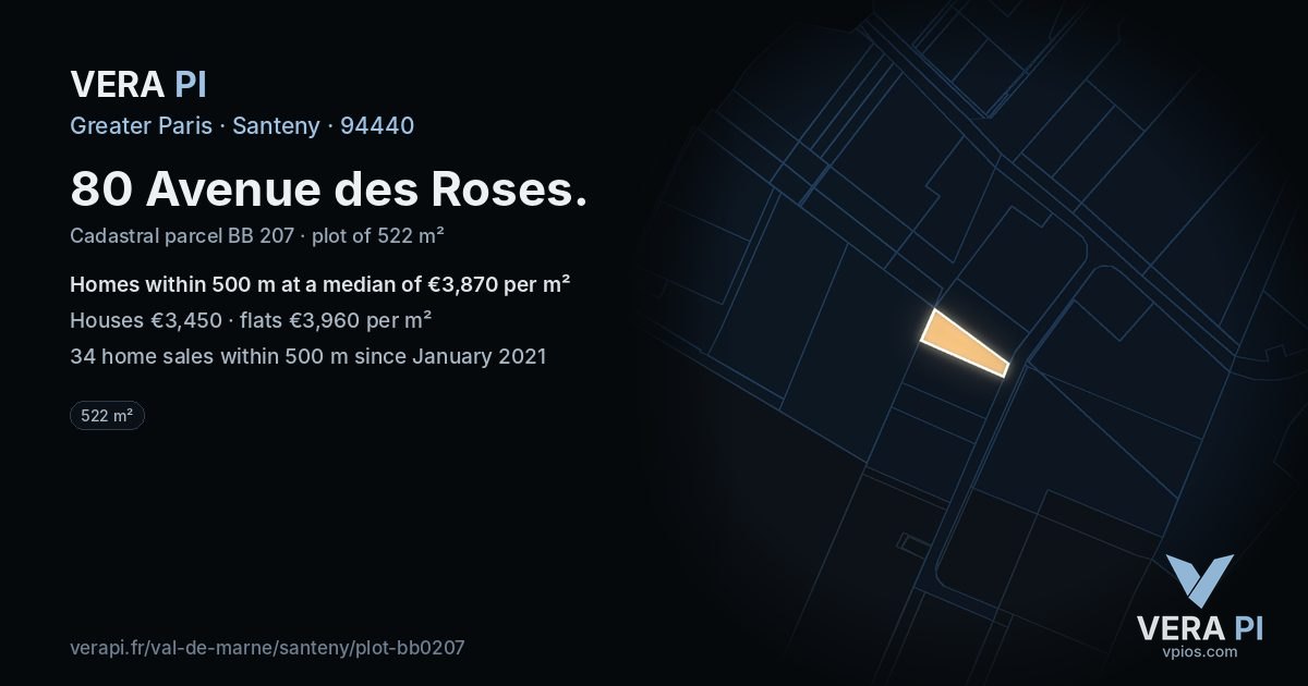 80 Avenue des Roses, Santeny at night – the plot lit, the parcels around coloured by the prices near them