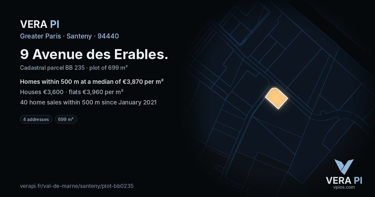 9 Avenue des Erables, Santeny at night – the plot lit, the parcels around coloured by the prices near them