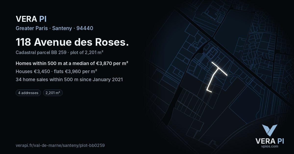 118 Avenue des Roses, Santeny at night – the plot lit, the parcels around coloured by the prices near them