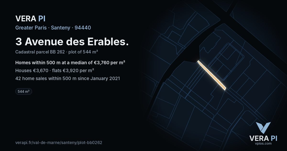 3 Avenue des Erables, Santeny at night – the plot lit, the parcels around coloured by the prices near them