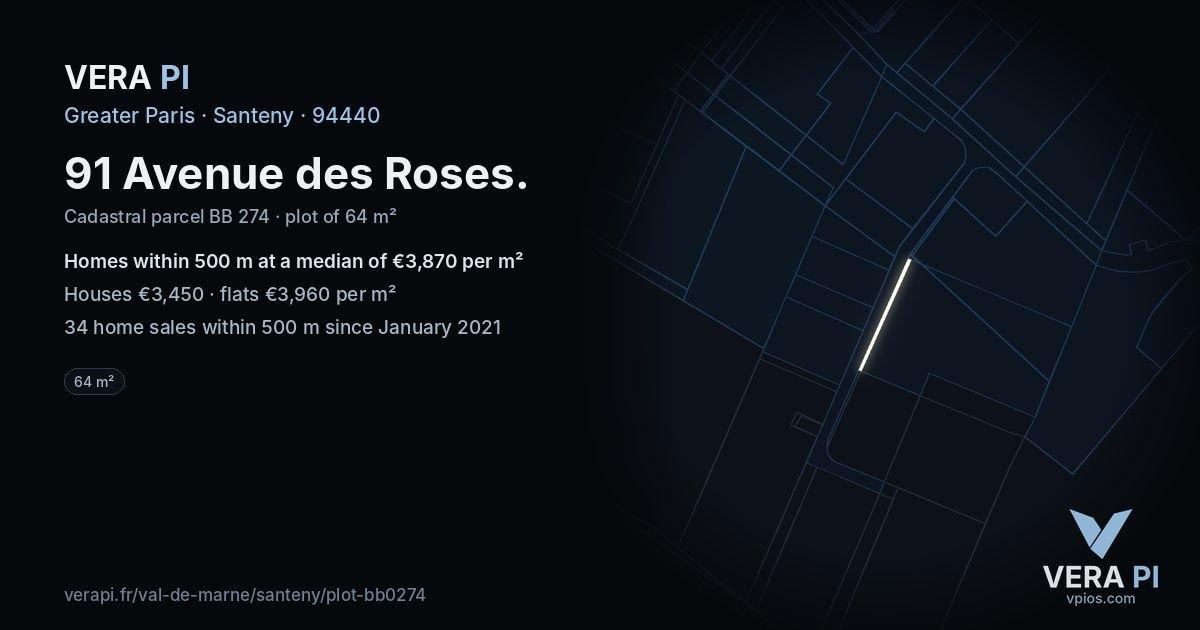 91 Avenue des Roses, Santeny at night – the plot lit, the parcels around coloured by the prices near them