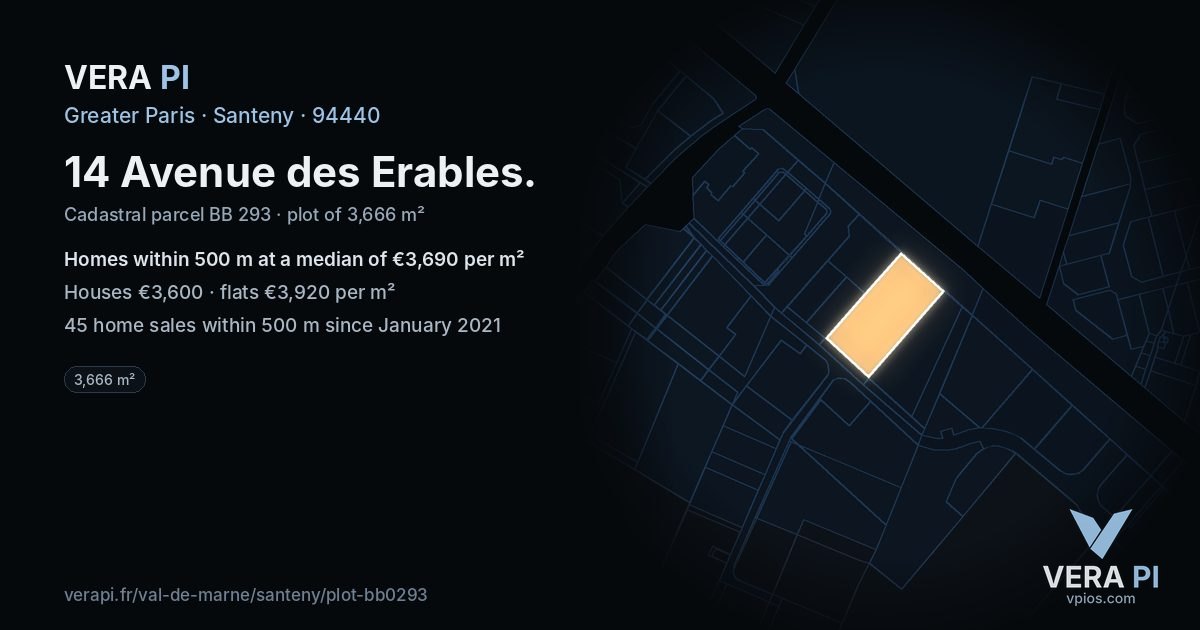 14 Avenue des Erables, Santeny at night – the plot lit, the parcels around coloured by the prices near them