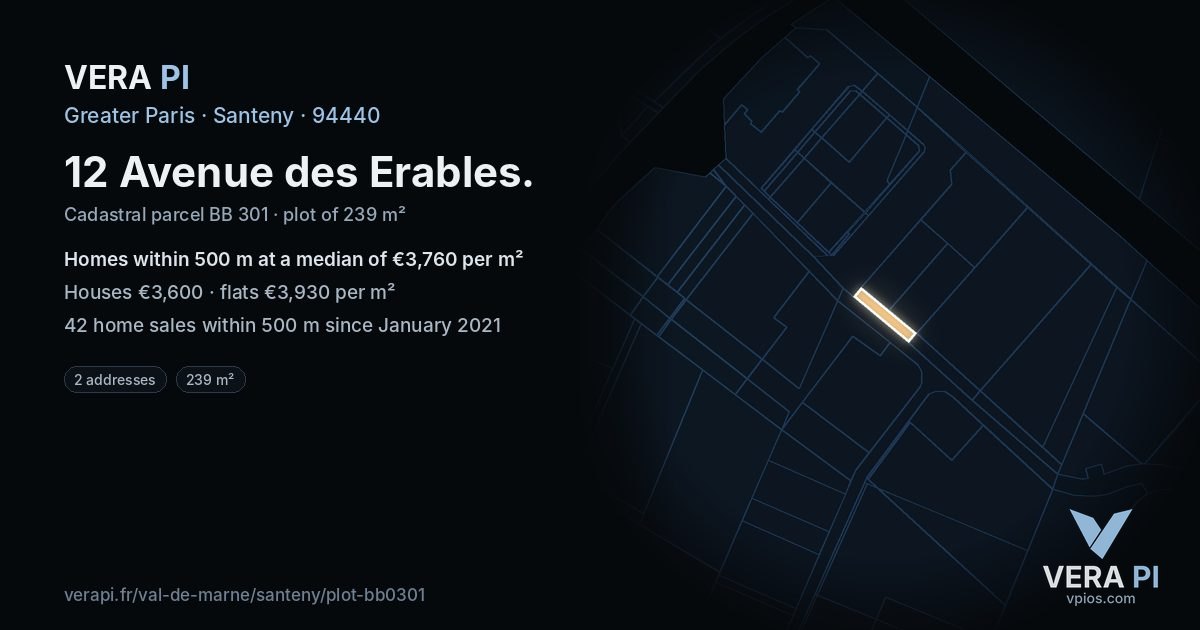 12 Avenue des Erables, Santeny at night – the plot lit, the parcels around coloured by the prices near them