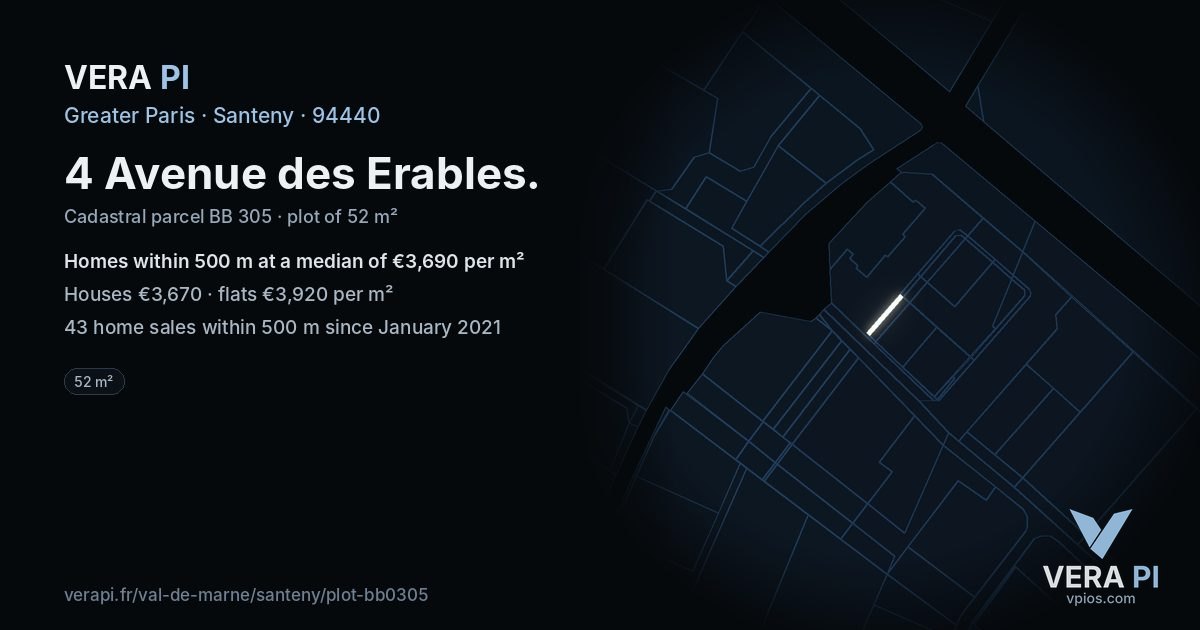 4 Avenue des Erables, Santeny at night – the plot lit, the parcels around coloured by the prices near them