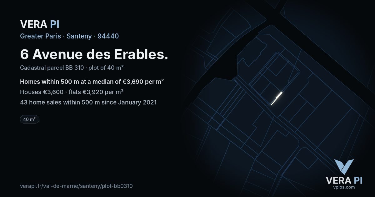 6 Avenue des Erables, Santeny at night – the plot lit, the parcels around coloured by the prices near them