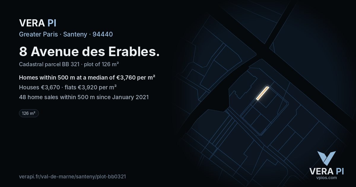 8 Avenue des Erables, Santeny at night – the plot lit, the parcels around coloured by the prices near them