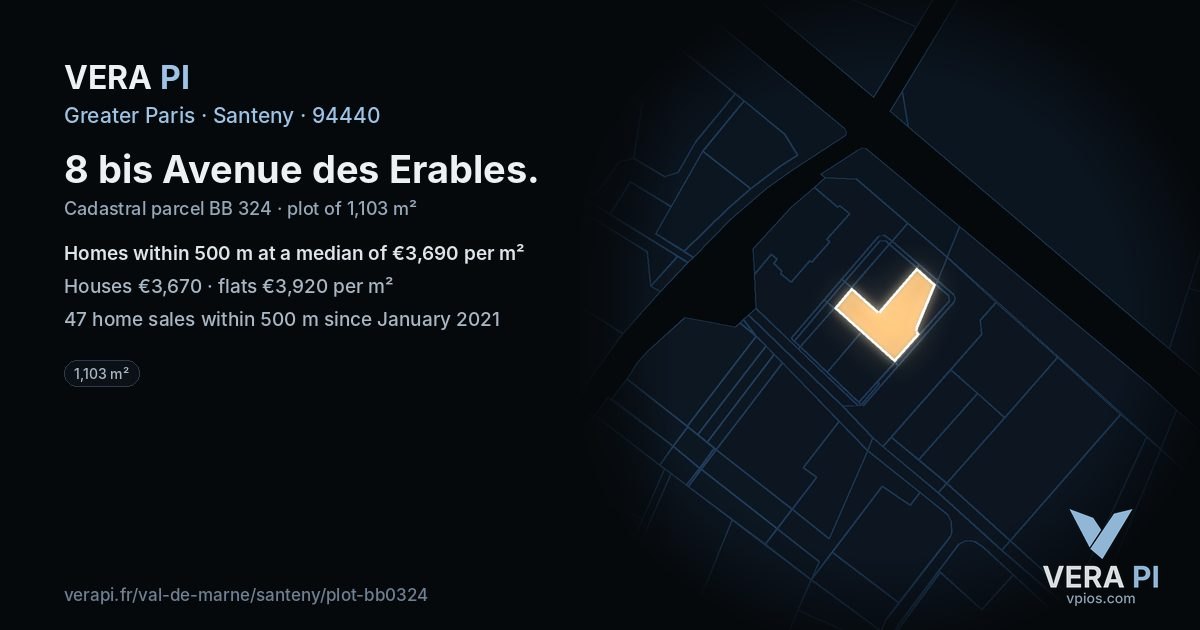 8 bis Avenue des Erables, Santeny at night – the plot lit, the parcels around coloured by the prices near them