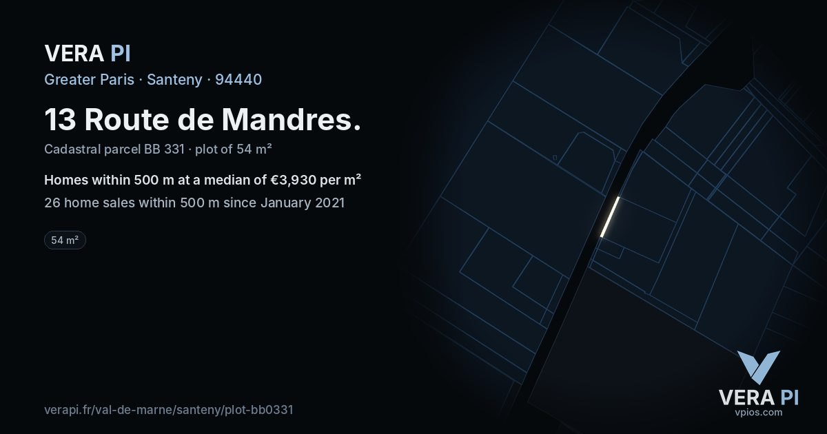 13 Route de Mandres, Santeny at night – the plot lit, the parcels around coloured by the prices near them