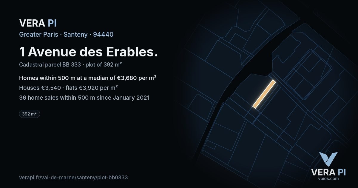 1 Avenue des Erables, Santeny at night – the plot lit, the parcels around coloured by the prices near them