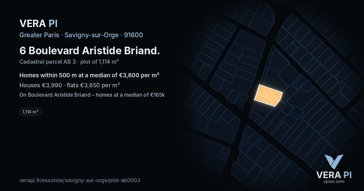 6 Boulevard Aristide Briand, Savigny-sur-Orge at night – the plot lit, the parcels around coloured by the prices near them