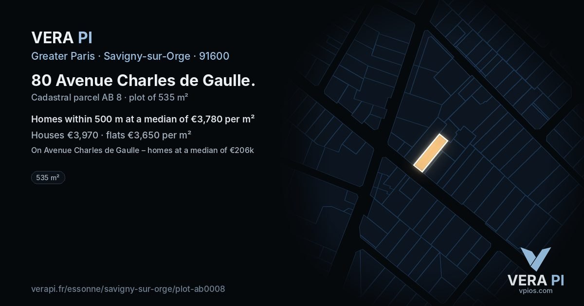 80 Avenue Charles de Gaulle, Savigny-sur-Orge at night – the plot lit, the parcels around coloured by the prices near them