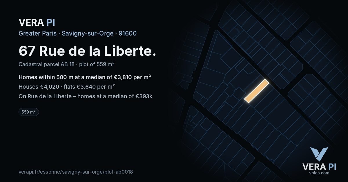 67 Rue de la Liberte, Savigny-sur-Orge at night – the plot lit, the parcels around coloured by the prices near them