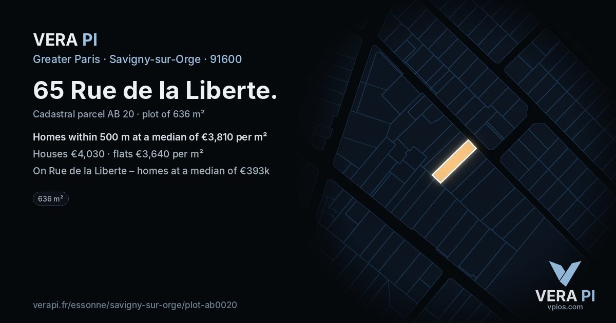 65 Rue de la Liberte, Savigny-sur-Orge at night – the plot lit, the parcels around coloured by the prices near them
