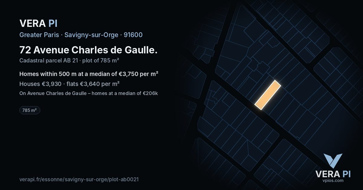 72 Avenue Charles de Gaulle, Savigny-sur-Orge at night – the plot lit, the parcels around coloured by the prices near them