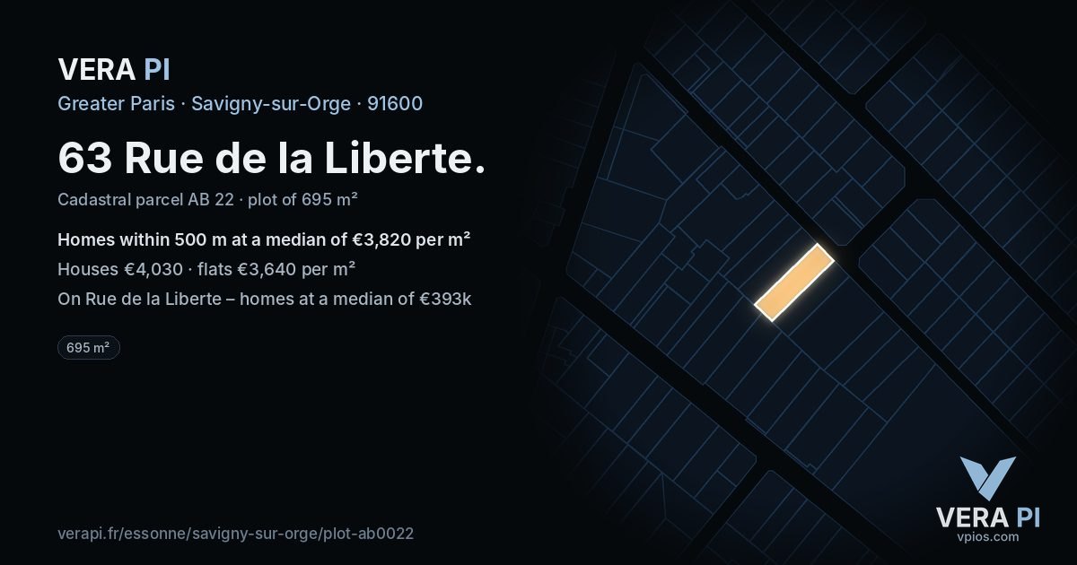 63 Rue de la Liberte, Savigny-sur-Orge at night – the plot lit, the parcels around coloured by the prices near them