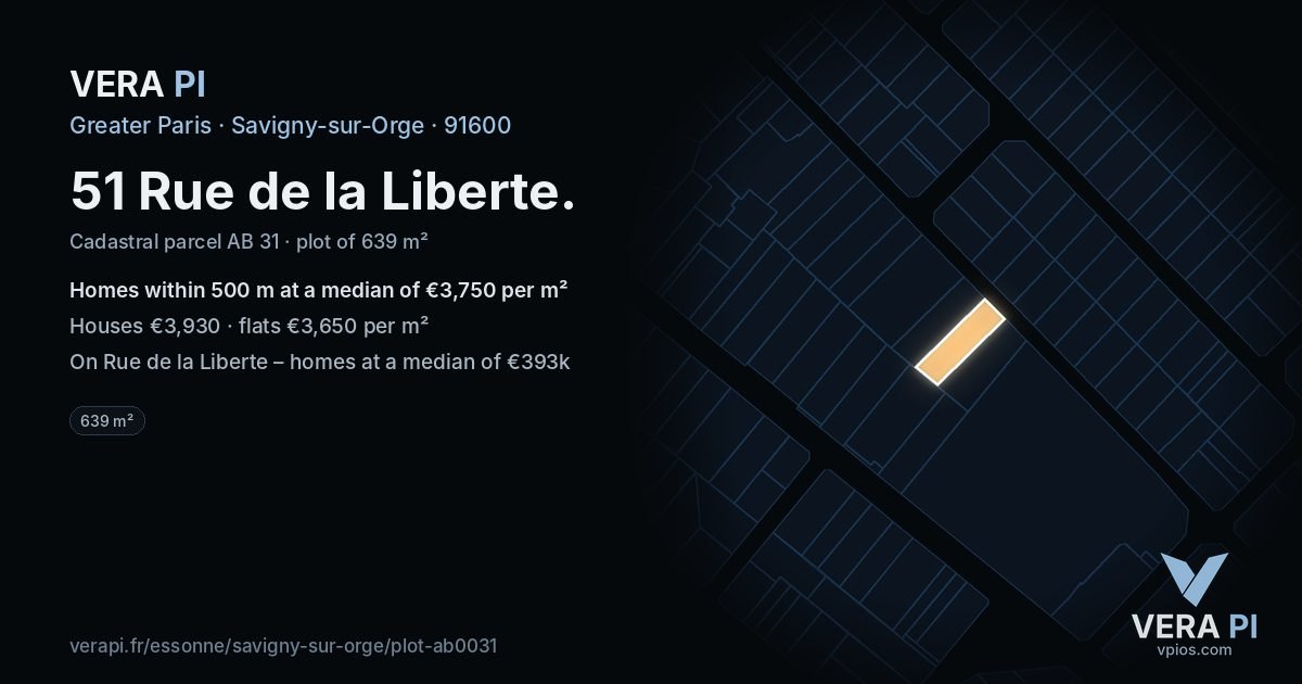 51 Rue de la Liberte, Savigny-sur-Orge at night – the plot lit, the parcels around coloured by the prices near them