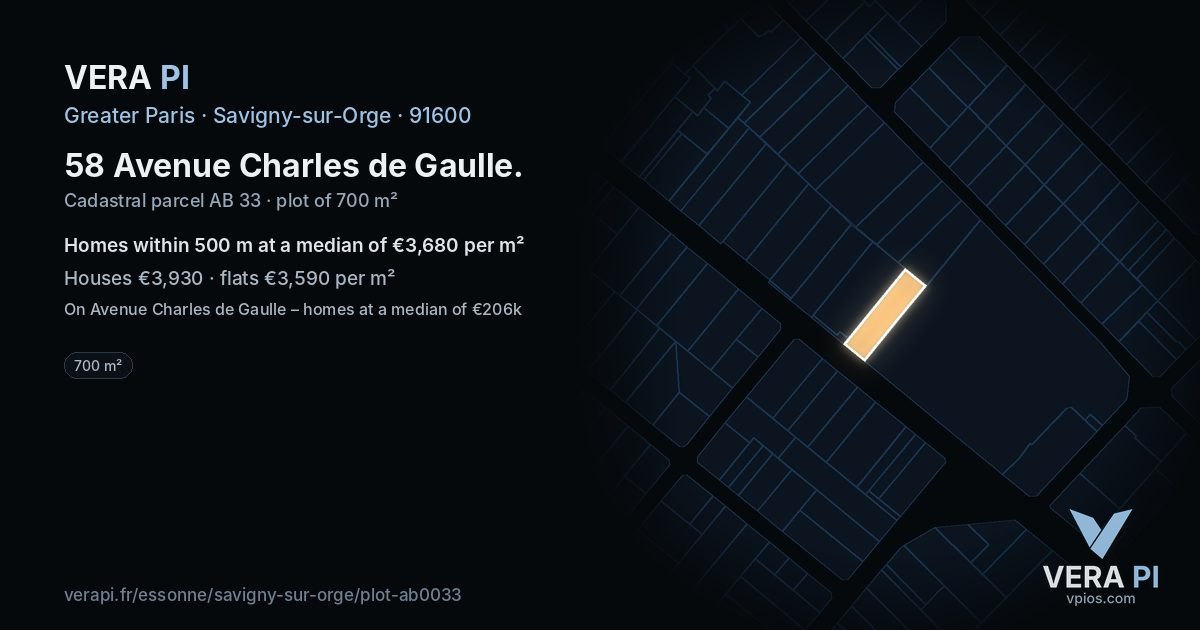 58 Avenue Charles de Gaulle, Savigny-sur-Orge at night – the plot lit, the parcels around coloured by the prices near them
